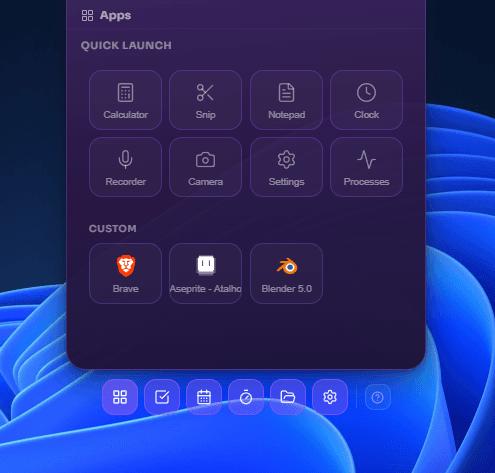 Winotch quick launch panel with custom pinned apps